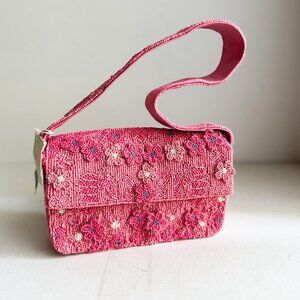 Beaded Pink Floral Barbie Baguette Shoulder Bag